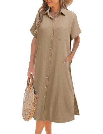 Zeagoo Womens Beach Dresses Elegant Long Summer Dress Short Sleeve Shirt-Dresses Ladies Solid Color Midi-Dress Loose Cover Up Khaki XL