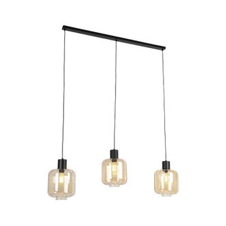 QAZQA Design Pendant Light Black with Amber Glass 3-Light 161.5 cm - Qara
