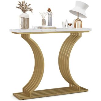 Costway Tavolo Consolle in Oro, Tavolo dIngresso Moderna con Piano in Finto Marmo Bianco, Tavolo Stretto per Divano con Gambe Metalliche Geometriche per
