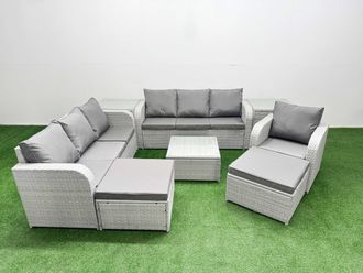 Fimous 9 Seater Poly Rattan Outdoor Garden Furniture Square Coffee Table Sofa Set Patio 3 Seater Sofa Reclining Chair 3 Seater Sofa 2 Big Footstools