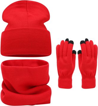 Generic Thermal Winter Hat Set Scarf Gloves Beanie for Women Ladies Plush Ear Warmers Soft Fleece Brushed Inner Lining Thick Red