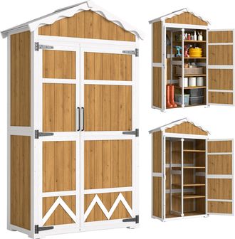 OUTSUNNY Caseta De Jard&iacute;n De Madera 105x55x179 Cm Impermeable Armario Exterior Herramientas Con 4 Estantes Extra&iacute;bles Techo Metal Galvanizado Natural