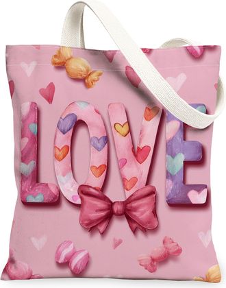Generic Love Heart Canvas Tote Bags, Colorful Candy Pattern Reusable Grocery Bags, Spring Chic Lightweight Washable Shoulder Strap, Peach, 13x15 Inch