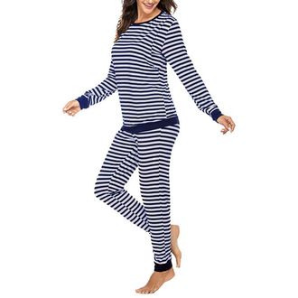 Generic Long T-Shirt Set, Nursing Maternity Suit, Sleeve Tops + Striped Trousers, Womens Pyjamas, Maternity Set and Suit, Winter Pyjamas, Womens Fleece, navy,