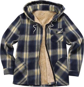 Generic Mens Cotton Plaid Shirts Jacket Fleece Lined Long Sleeve Soft Warm Zip-Front Coat with Hood for Men (Blue,XL)