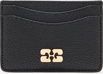 Ganni Black Card Holder in Grained with Gold
