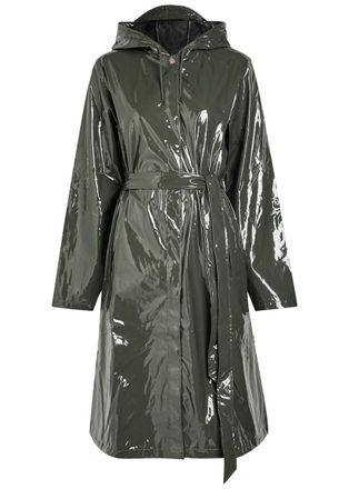 Rains Belted Hooded Longline Waterproof Jacket - Dark Green - M (UK12 / M)