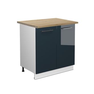 Vicco Armario Bajo Para Fregadero Fame-line, Azul Oscuro Alto Brillo, 80 Cm Con Estante, Et Roble Vicco
