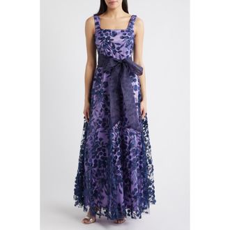 Eliza J Embroidered Floral Illusion Ballgown in Navy Lilac at Nordstrom, Size 10