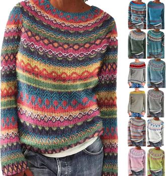 Generic Fair Isle Sweater Women Knitted Retro Sweater Casual Loose Crewneck Long Sleeve Tops Lightweight Winter Pullover Jumper Hot Pink 5XL