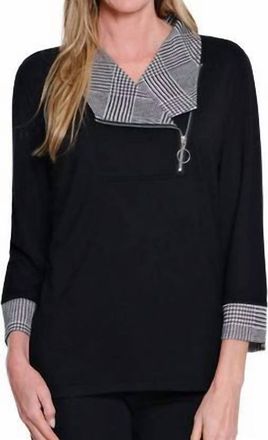 Multiples Plaid Cuffed 3/4 Sleeve Knit Top In Black