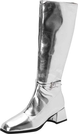 Generic Womens Knee-High Boots Wide Calf Block Heel Pointed Toe Shiny PU Leather with Side Zipper & Buckle Comfortable Western Casual Gold Metallic Mid Calf B