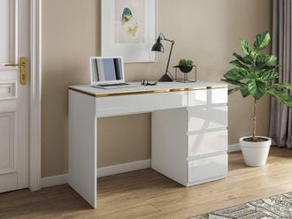 Vente-Unique Desk - 5 Drawers - Glossy White & Gold - VUKIA