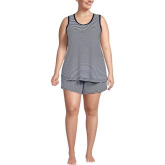 Lands End Cooling 3 Piece Pajama Set - Robe Tank and Shorts in Deep Sea Navy Mini Stripe at Nordstrom, Size 1X
