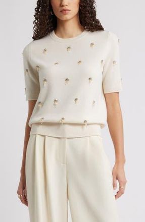 Nordstrom Embellished Short Sleeve Wool & Cashmere Sweater in Ivory Pristine Embellished at Nordstrom Rack, Size X-Large