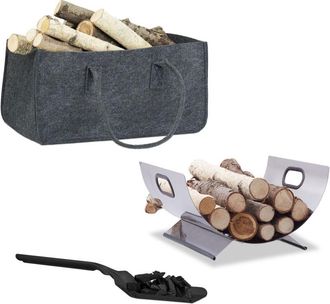 Relaxdays Juego De Chimenea 3 Piezas, Bolsa Para Le&ntilde;a, Cesta, Pala, Fieltro, Acero Inoxidable, Plegable, Plateado/negro/gris