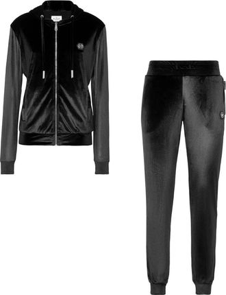 Philipp Plein Jumpsuits & Playsuits, Dames, Zwart, XS, Polyester, Velvet Jogging Tracksuit Skull Strass