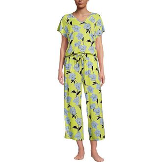 Lands End Cooling Pajama Set - Short Sleeve Top and Crop Pants in Soft Lemoncello Etched Floral at Nordstrom, Size X-Small P
