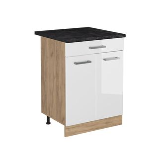 Vicco Mueble Bajo De Cocina R-line, Blanco Alto Brillo/roble Dorado, 60 Cm Con Caj&oacute;n Encimera Antracita, Vicco