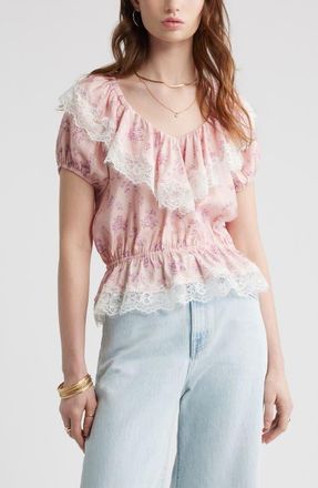 Treasure & Bond Lace Trim Puff Sleeve Peplum Top in Pink Layered Sprigs at Nordstrom, Size Xx-Large