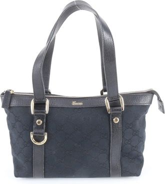 Gucci Abbey Black Leather Canvas Handbag Tote Bag (Pre-Owned)