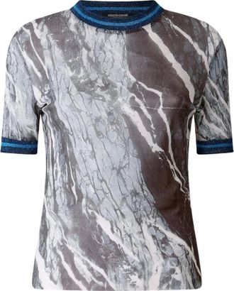 Roberto Cavalli Tops, Dames, Blauw, S, Polyester, T-shirt met marmerprint en glitterdetails