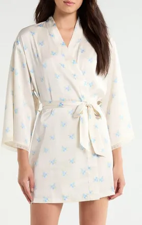 Etam Noreen Floral Satin Wrap in Ecru/blue at Nordstrom, Size X-Large