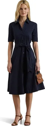 Lauren Ralph Lauren Belted Cotton-Blend Shirtdress Womens Dress Lauren Navy : 14, Cotton/Elastane/Nylon