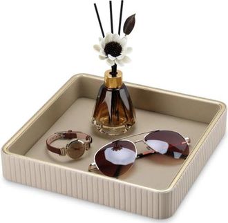 OEM Bandeja Organizadora De Piel Sint&eacute;tica - Bandeja De Almacenamiento Para Joyas, Llaves, Relojes Y Cosm&eacute;ticos - Beige - Dimensiones: 23 X 23 X 4 Cm