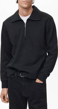 Mango Quarter Zip Cotton Sweatshirt in Black at Nordstrom, Size Small