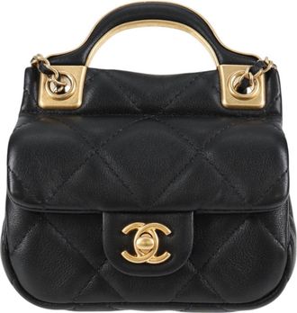 Chanel Lady Handle Flap Card Holder On Chain Quilted Calfskin Black Leather Bag (Pre-Owned)