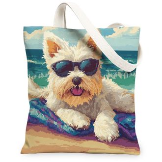 Generic Summer Schnauzer Dog Canvas Tote Bag for Shopping 13x15, Watercolor Beach Coastal Puppy Reusable Grocery Print Bag for Women, Beachy Pet Beach Aesthet
