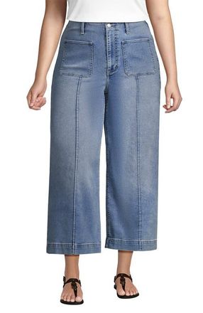 Lands End Plus Size Recover Denim High Rise Patch Pocket Extra Wide Leg Crop Jeans in Lake Blue Wash at Nordstrom, Size 26W