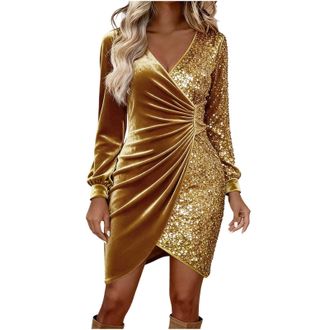 Generic Womens Velvet Sequin Cocktail Dress Ladies Sparkly V-Neck Long Sleeve Wrap Dress Elegant Ruched Asymmetrical Hem Bodycon Party Evening Gown Womens Wed