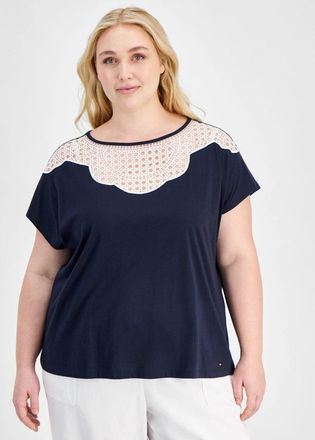 Tommy Hilfiger Top Womens Navy Blue Cotton Lace-Bib Extended Sleeve FTS1541