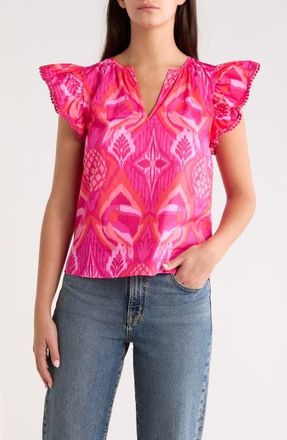 Sugarlips Prissa Ikat Carya Ruffle Sleeve Top in Magenta-Coral at Nordstrom, Size X-Small