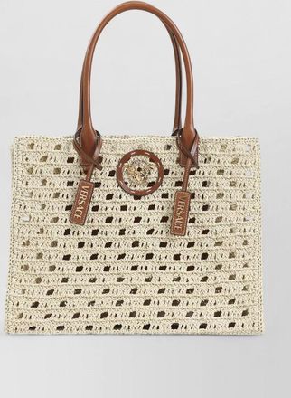 Versace raffia tote bag dual handles leather trim