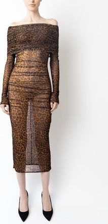 Sally Lapointe Printed Mesh Off Shoulder Midi Dress in Leopard at Nordstrom, Size X-Small