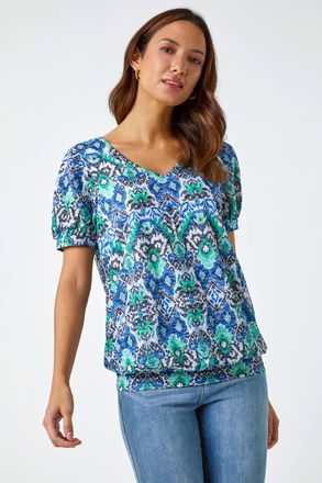 Roman Aztec Burnout Print V-Neck Blouson Hem Top