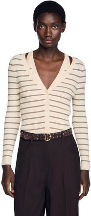 Sandro Striped ribbed cardigan in Ecru/brown at Nordstrom, Size X-Small