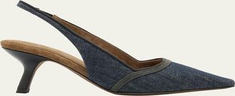 Brunello Cucinelli Denim Pointed-Toe Slingback Pumps with Monili Trim