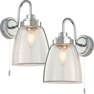 Loops 2 PACK IP44 Bathroom Wall Light Chrome & Domed Clear Glass Curved Arm Oval Lamp