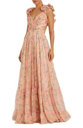 Mac Duggal Ruffle Tiered Floral Cut-Out Chiffon Gown in Pink Multi at Nordstrom, Size 12