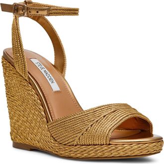 Steve Madden Devin Ankle Strap Wedge Sandal in Bronze Raffia at Nordstrom, Size 9.5