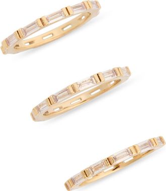 Nordstrom Rack Set of 3 Baguette Cubic Zirconia Stackable Band Rings in Clear- Gold at Nordstrom Rack, Size 9