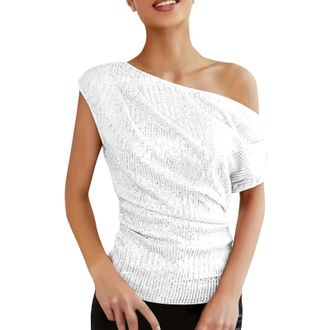 Generic Womens Off-Shoulder Sequin Top, Sleeveless Tops UK, Elegant Occasion Wear Top, Casual Glitter Top Fashion Short Sleeve Sparkly Blouses Trendy Classic 