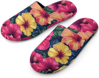 Generic Hawaiian Hibiscus Florals Mens Flannel Slipper Soft Comfy House Shoes Non Slip Winter Warm Indoor Outdoor Slippers