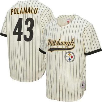Mitchell & Ness Mens Mitchell & Ness Troy Polamalu Cream Pittsburgh Steelers Name & Number Mesh Button-Up Baseball Jersey at Nordstrom, Size Large