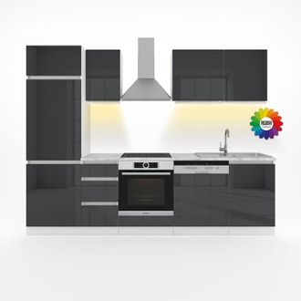Vicco Cucina componibile Optima, Antracite lucido, 270 cm senza piano di lavoro, senza maniglie con striscia led