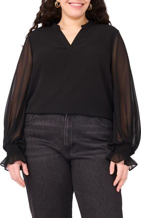 Vince Camuto Split Neck Sheer Long Sleeve Chiffon Top in Rich Black at Nordstrom, Size 2 X